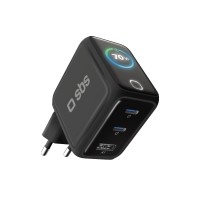 SBS Smart GaN 70W 2x USB-C / USB-A LCD hálózati töltő adapter - fekete