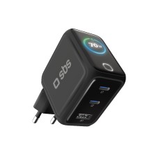 SBS Smart GaN 70W 2x USB-C / USB-A LCD hálózati töltő adapter - fekete